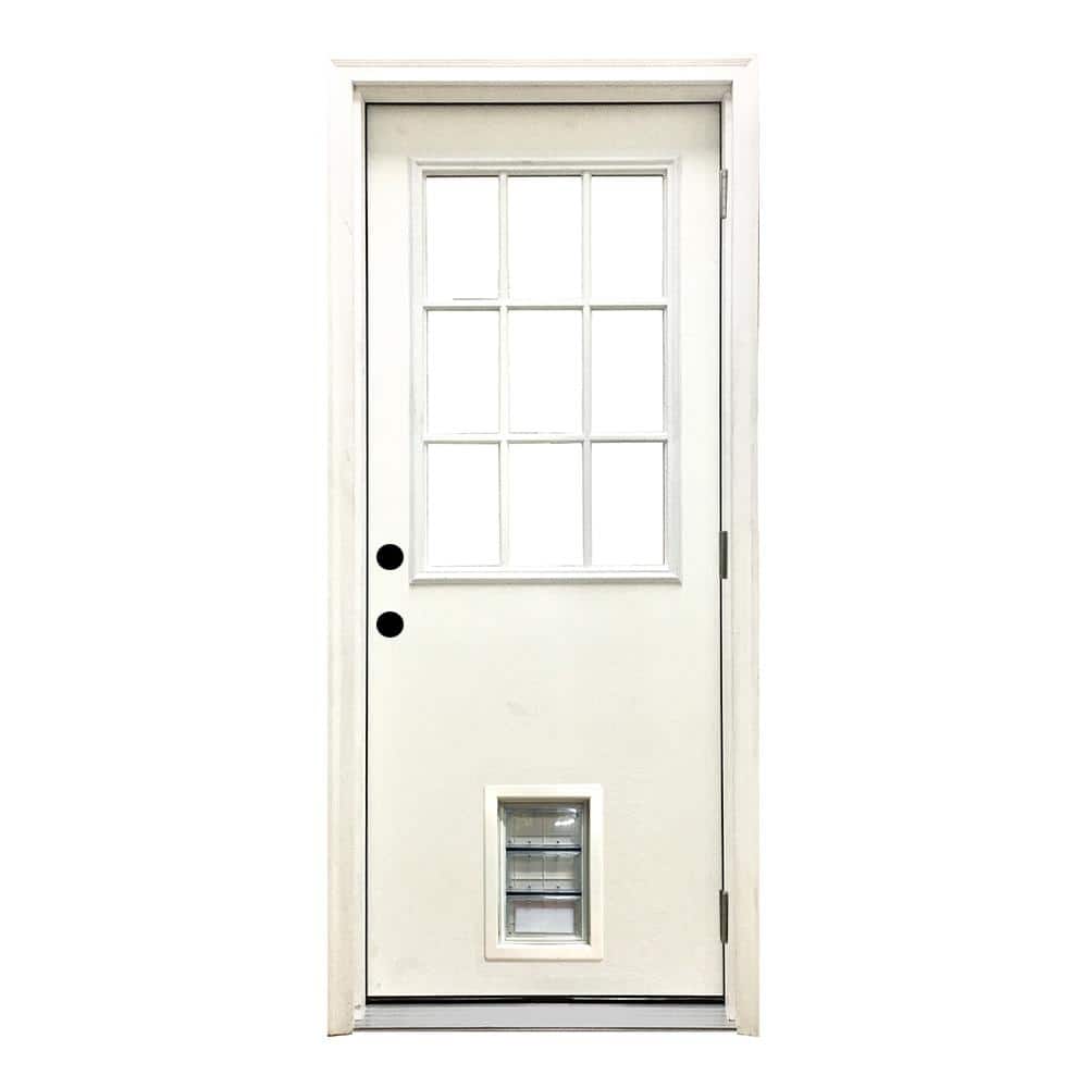 Steves & Sons 32 in. x 80 in. Reliant Series Clear 9 Lite LHOS White Primed Fiberglass Prehung Back Door with Med Pet Door