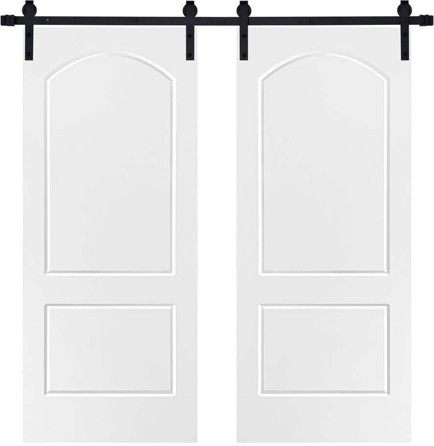 AIOPOP HOME Modern TWO PANEL ROMAN Designed 48 in. x 84 in. MDF Panel White Painted Double Sliding Barn Door with Hardware Kit