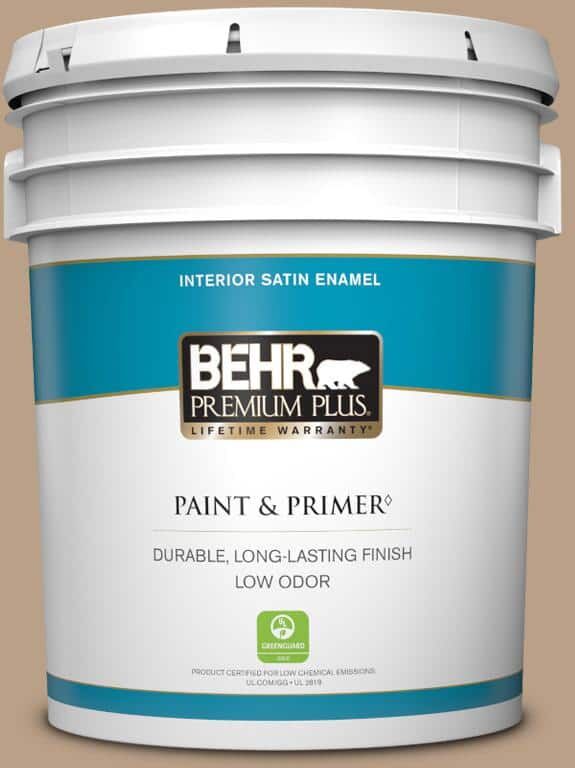 BEHR PREMIUM PLUS 5 gal. #ICC-52 Cup of Cocoa Satin Enamel Low Odor Interior Paint & Primer