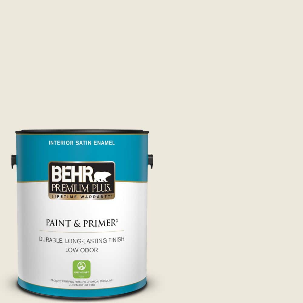 BEHR PREMIUM PLUS 1 gal. #BXC-32 Picket Fence White Satin Enamel Low Odor Interior Paint & Primer