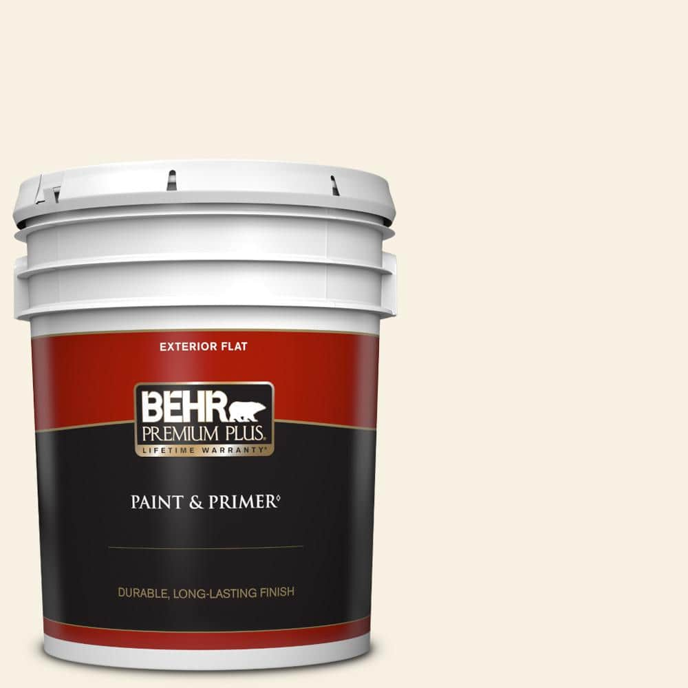 BEHR PREMIUM PLUS 5 gal. #OR-W14 White Veil Flat Exterior Paint & Primer