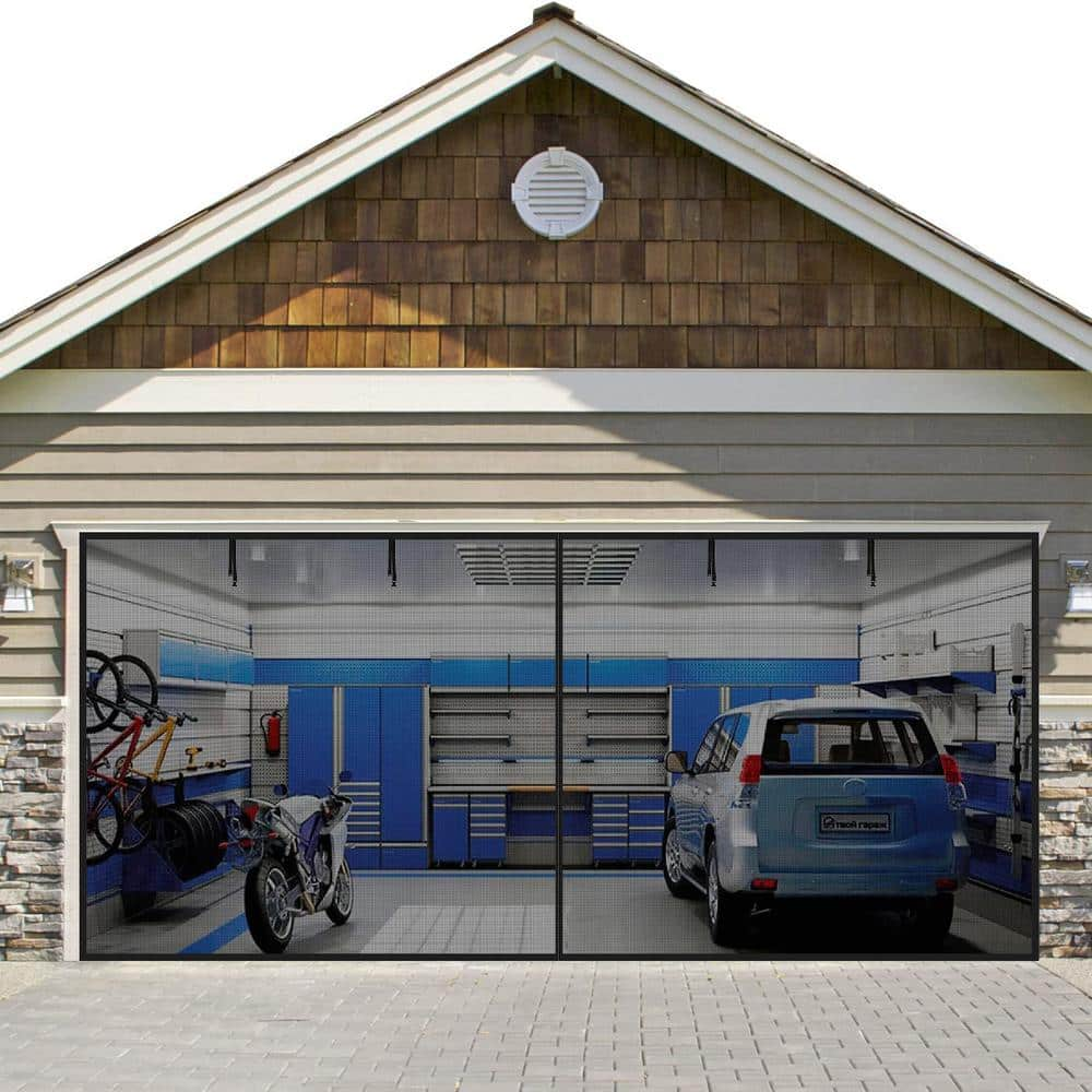 Shatex 16 ft. x 7 ft. Black Fiberglass Magnetic Garage Door Screen with Six Straps