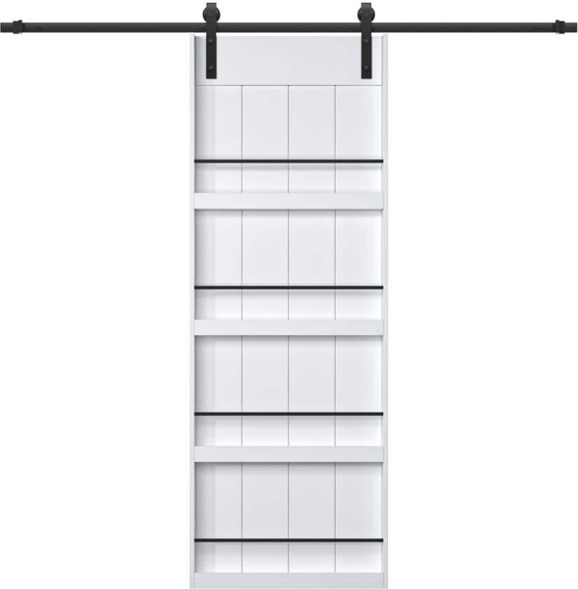 ARK DESIGN 30 in. x 84 in. White Primed Composite MDF Shelves Sliding Barn Door with Hardware Kit