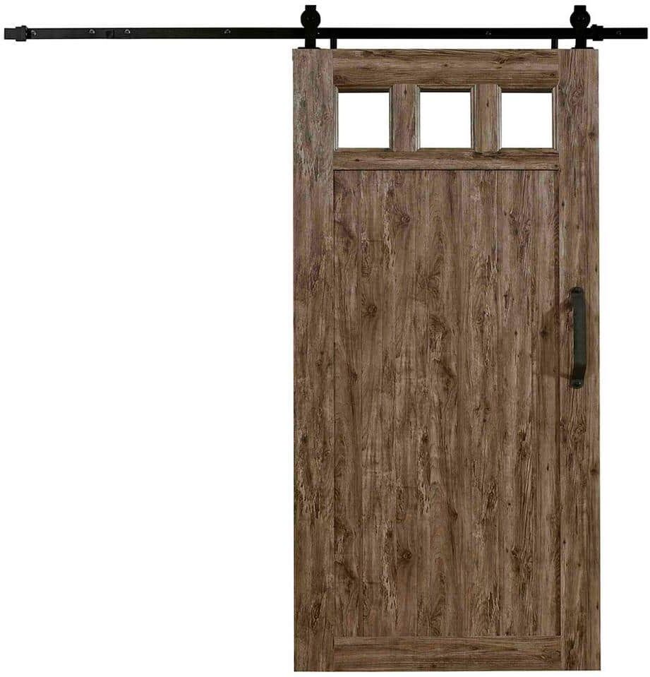 Pinecroft 42 in. x 84 in. Millbrooke Weathered Grey 3 Lite Acrylic Pane PVC Barn Door with Hardware Kit - Door Assembly Required