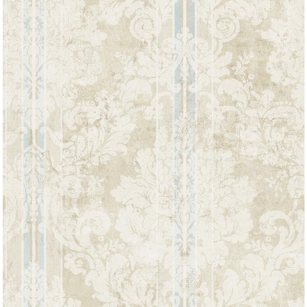 CASA MIA Vintage Damask Striped Beige and Cream and Bleu Paper Non-Pasted Strippable Wallpaper Roll (Cover 56.05 sq. ft.)