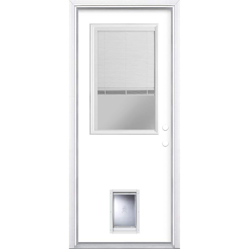 Masonite 32 in. x 80 in. 1/2-Lite Mini-Blind Left Hand Inswing Painted Steel Prehung Front Door with Brickmold and Pet Door