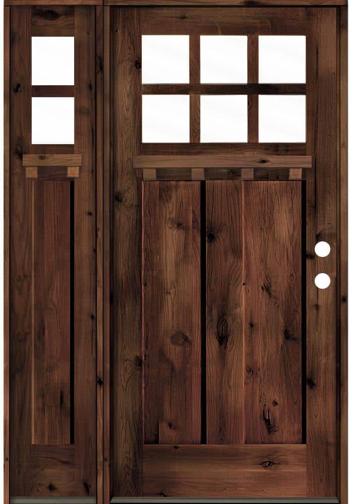 Krosswood Doors 50 in. x 80 in. Craftsman Alder 6 Lite Left-Hand Clear Glass Red Mahogany Stain Wood Prehung Front Door/Left Sidelite DS