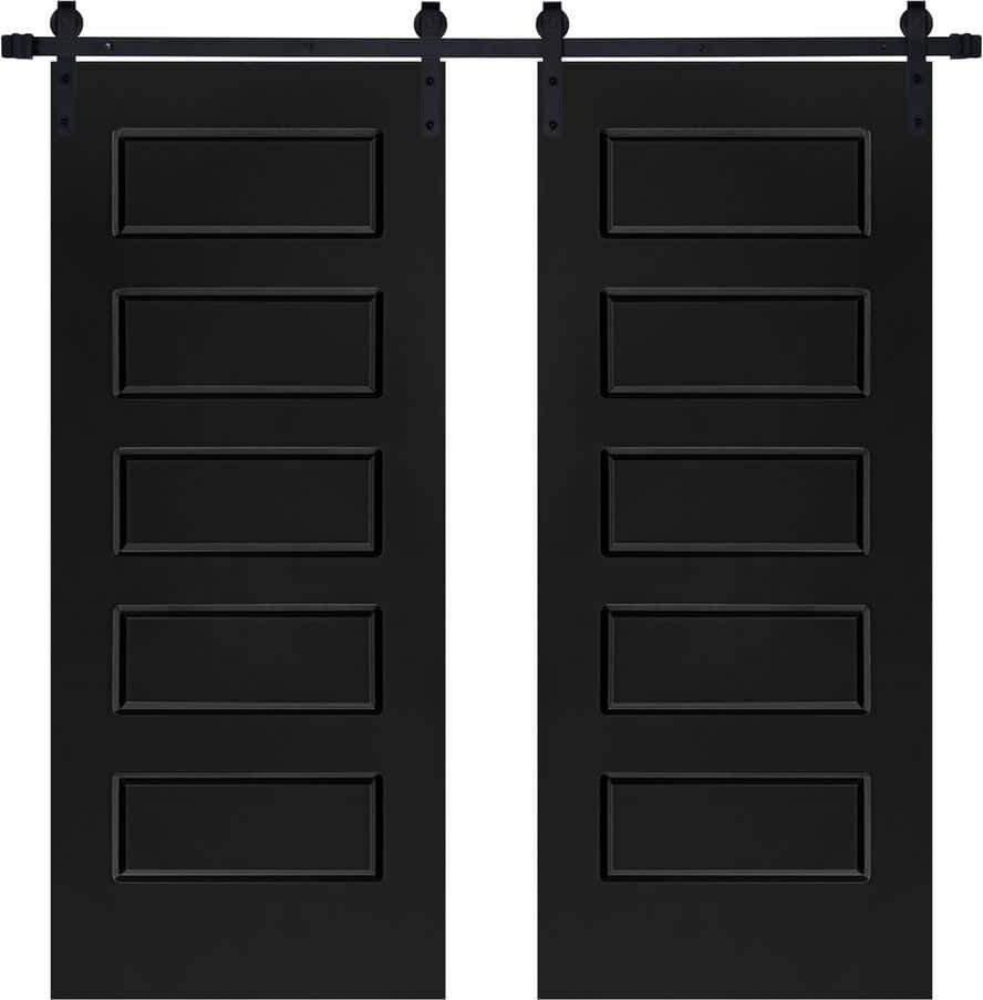 AIOPOP HOME Modern 5-Panel Designed 60 in. x 84 in. MDF Panel Black Painted Double Sliding Barn Door with Hardware Kit