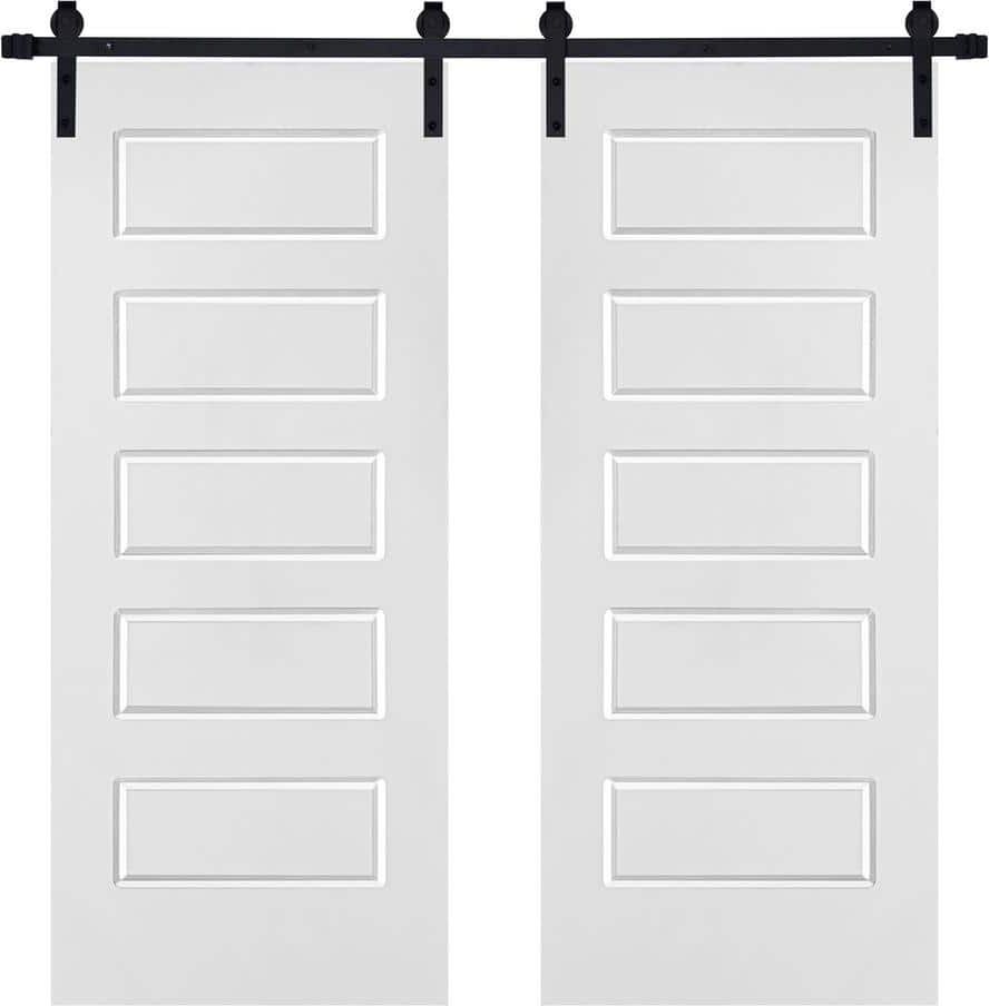 AIOPOP HOME Modern 5-Panel Designed 48 in. x 84 in. MDF Panel White Painted Double Sliding Barn Door with Hardware Kit