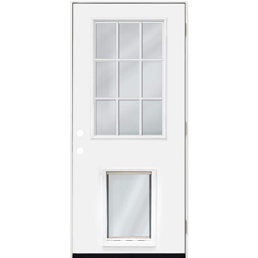 Steves & Sons 36 in. x 80 in. Reliant Series White Primed LHOS 9 Lite Fiberglass Prehung Back Door with Extra Large Pet Door