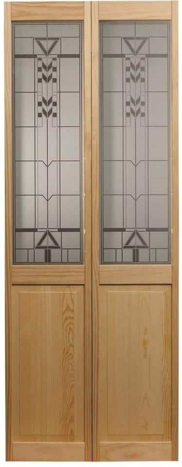 Pinecroft 29.5 in. x 78.625 in. Deco Glass Over Raised Panel 1/2-Lite Decorative Pine Wood Interior Bi-fold Door