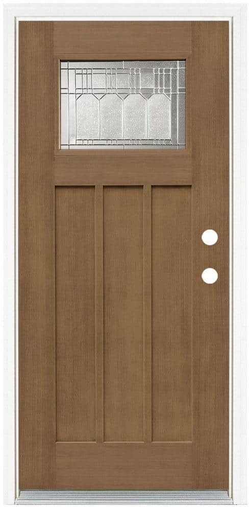 MP Doors 36 in. x 80 in. Medium Oak Left-Hand Inswing 1-Lite Vintage Classic Craftsman Stained Fiberglass Prehung Front Door