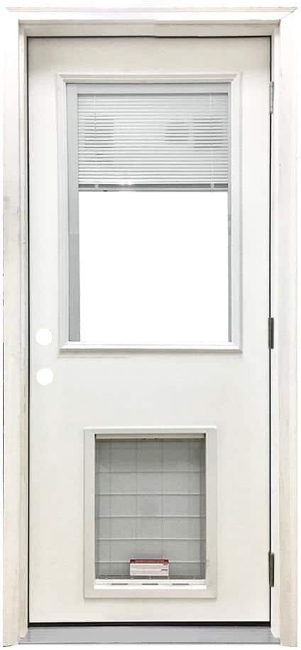 Steves & Sons 32 in. x 80 in. Reliant Series Clear Mini-Blind LHOS White Primed Fiberglass Prehung Back Door with Extra Large Pet Door