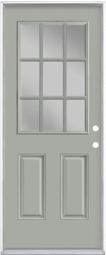 Masonite 32 in. x 80 in. 9 Lite Silver Cloud Left Hand Inswing Painted Smooth Fiberglass Prehung Front Exterior Door, Vinyl Frame