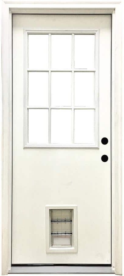 Steves & Sons 32 in. x 80 in. Reliant Series Clear 9 Lite LHIS White Primed Fiberglass Prehung Front Door with Med Pet Door