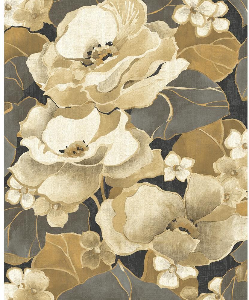 NextWall 30.75 sq. ft. Ebony & Antique Gold Nouveau Floral Vinyl Peel and Stick Wallpaper Roll