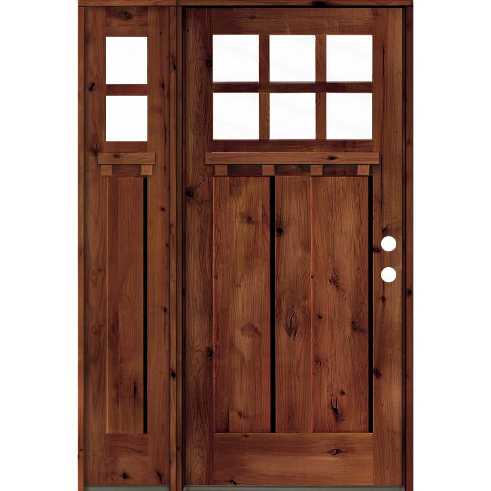 Krosswood Doors 50 in. x 80 in. Craftsman Alder Left-Hand 6 Lite Clear Glass Red Chestnut Stain Wood Prehung Front Door/Left Sidelite DS