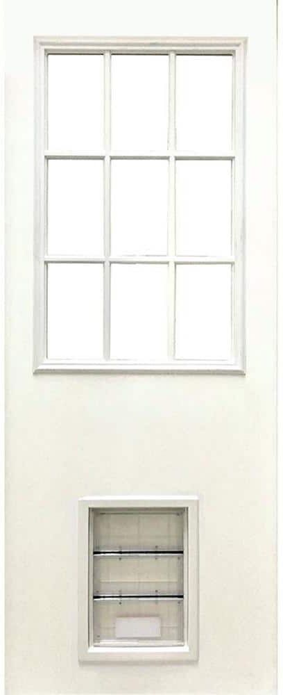 Steves & Sons 31-3/4 in. x 79 in. Reliant Series Clear 9-Lite White Primed Fiberglass Front Door Slab with Large Pet Door