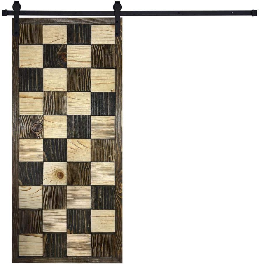 Artisan Series Chessboard Pattern 80 in. x 24 in. Clear Coat Finished Pine Wood Sliding Barn Door with Hardware Kit