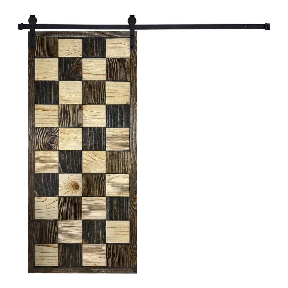 AIOPOP HOME Artisan Series Chessboard Pattern 84 in. x 42 in. Clear Coat Finished Pine Wood Sliding Barn Door with Hardware Kit