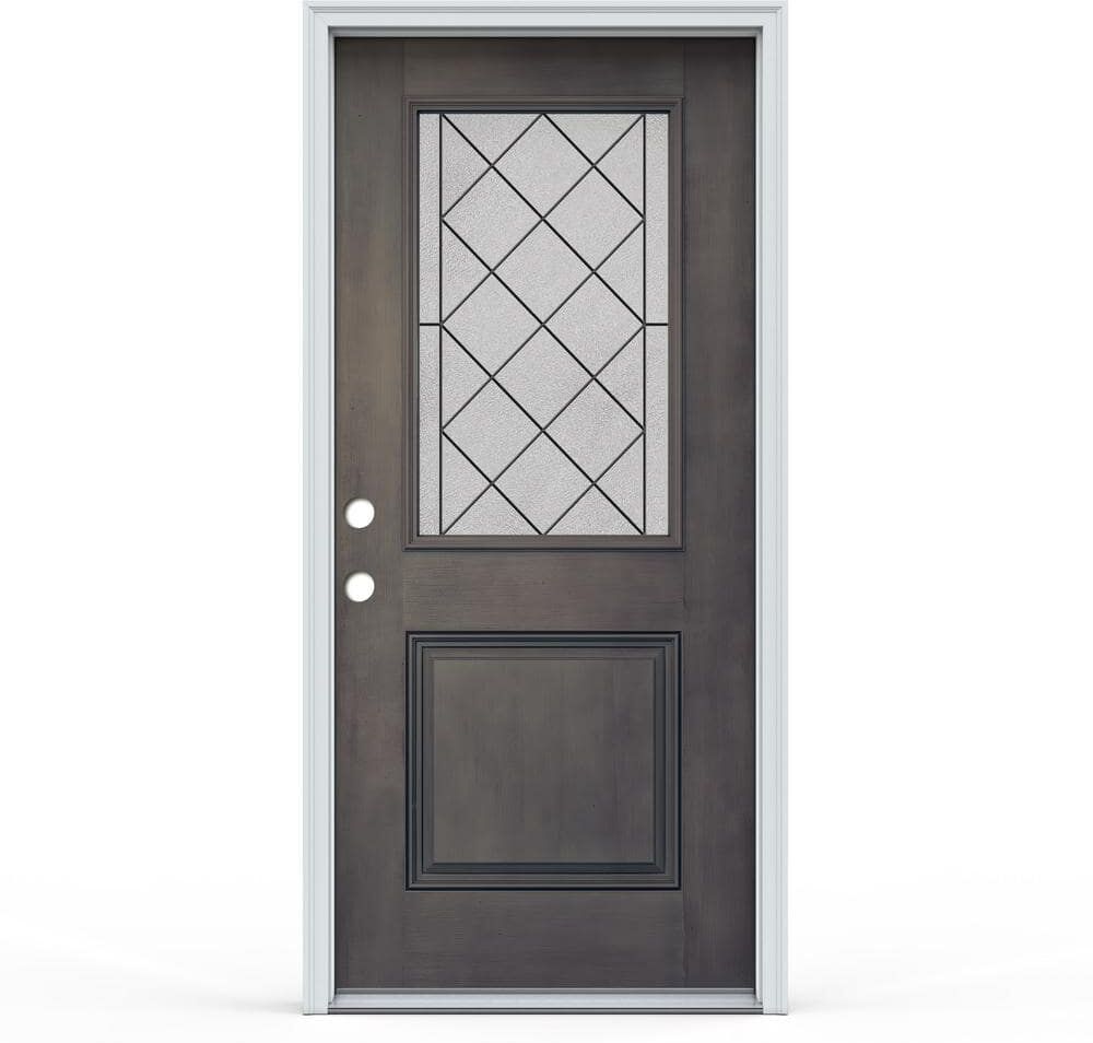 JELD-WEN 36 in. x 80 in. 1 Panel Right Hand Inswing 1 Lite Harris Earl Grey Fiberglass Prehung Front Door with Brickmould