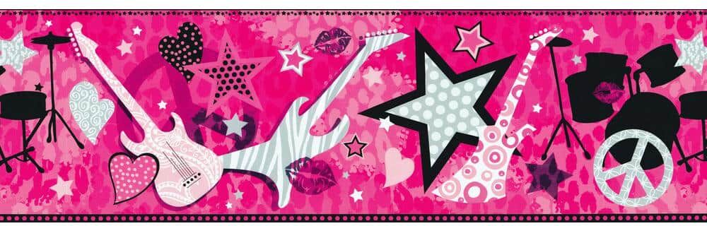 Dundee Deco Falkirk Brin II Pink, Black, Grey Music, Rock Star, Guitar Kids Pre-Pasted Wallpaper Border