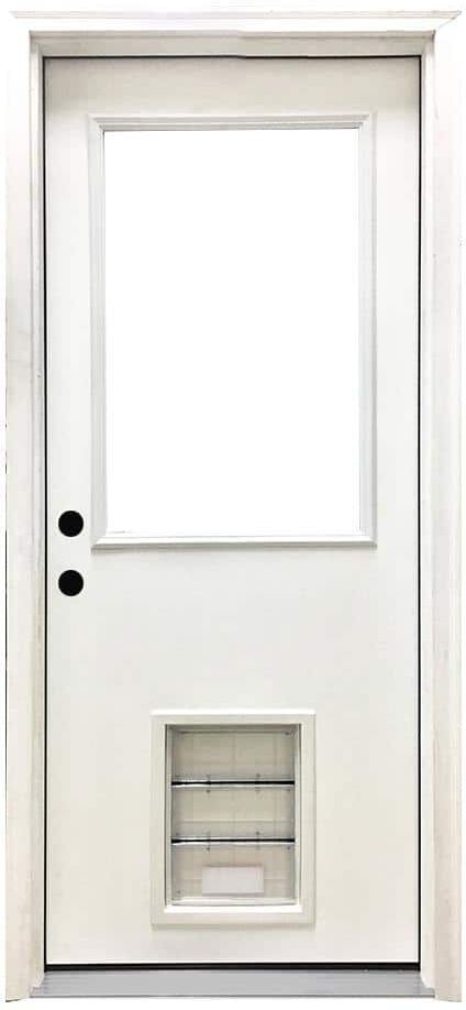 Steves & Sons 30 in. x 80 in. Reliant Series Clear Half Lite RHIS White Primed Fiberglass Prehung Back Door with Large Pet Door