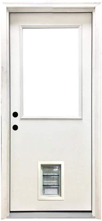 Steves & Sons 30 in. x 80 in. Reliant Series Clear Half Lite RHIS White Primed Fiberglass Prehung Back Door with Med Pet Door