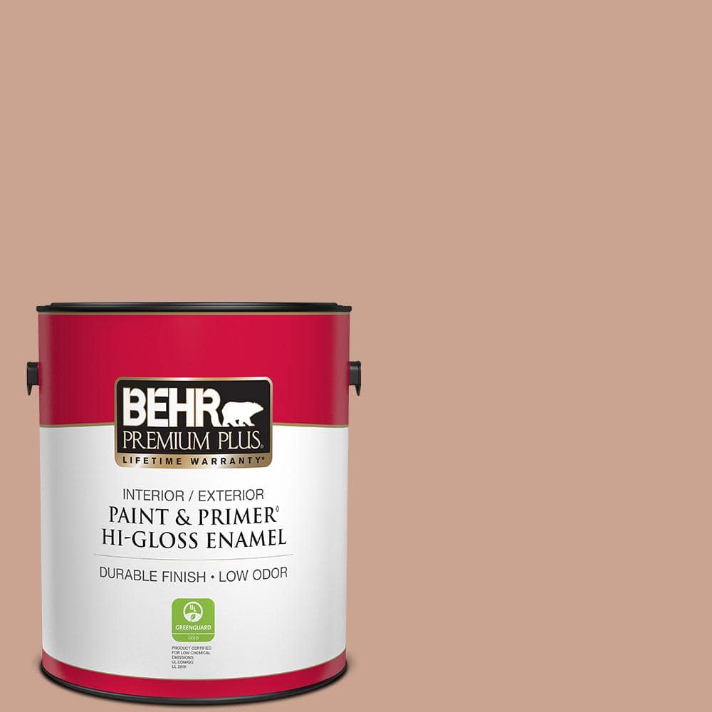 BEHR PREMIUM PLUS 1 gal. #220F-4 Sombrero Tan Hi-Gloss Enamel Interior Exterior Paint Primer