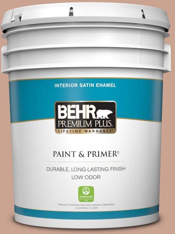 BEHR PREMIUM PLUS 5 gal. #220F-4 Sombrero Tan Satin Enamel Low Odor Interior Paint & Primer