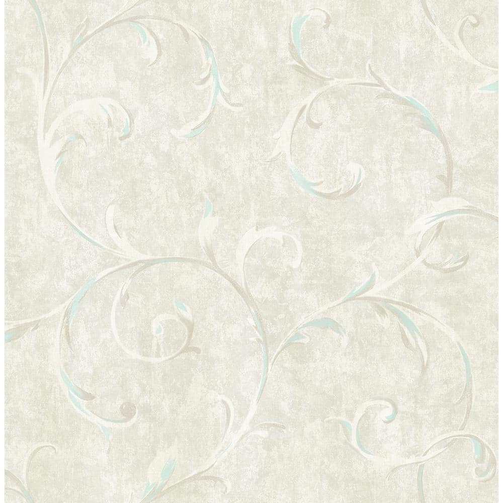 Seabrook Designs Scroll Leaf Ironwork Metallic Baby Blue and Light Greige Paper Strippable Roll (Covers 56.05 sq. ft.)