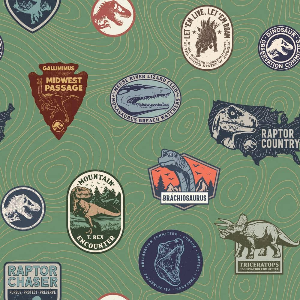 RoomMates Jurassic World Badges Multicolor Vinyl Peel and Stick Matte Wallpaper 28.18 sq. ft.