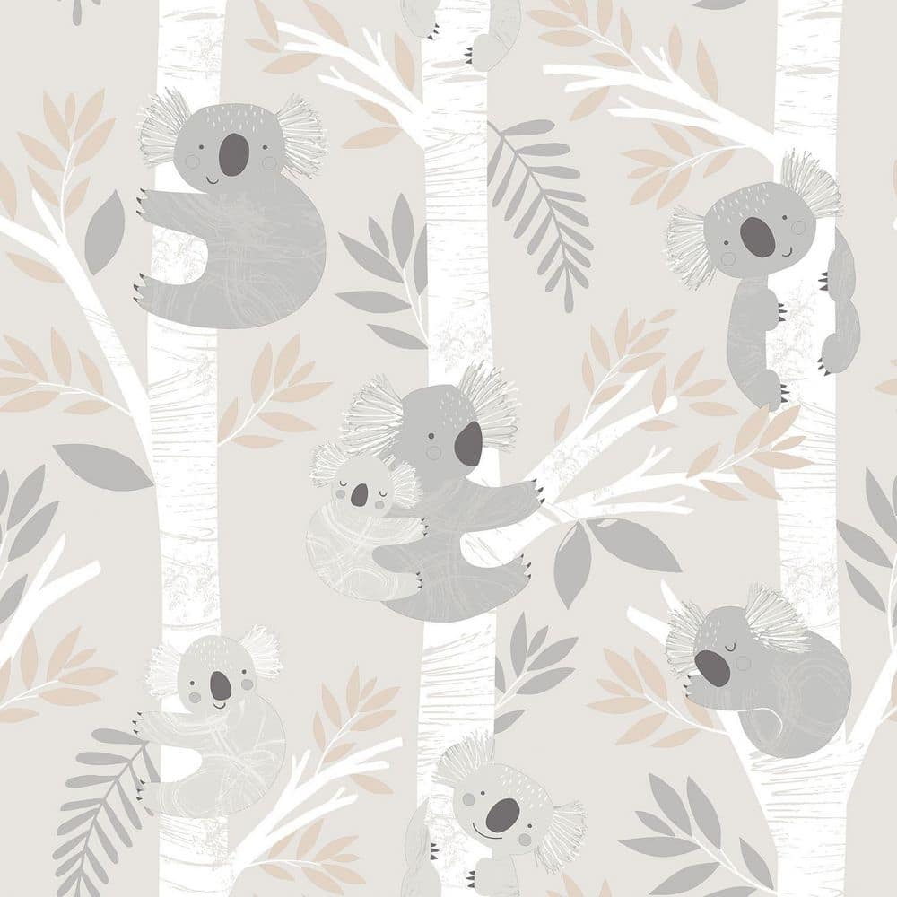 Tiny Tots 2-Collection Greige/Tan/White Glitter Finish Kids Koala Bear Theme Non-Woven Paper Wallpaper Roll