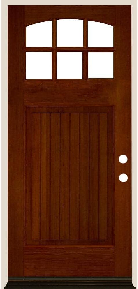 Krosswood Doors 36 in. x 80 in. Craftsman 6 Lite V Groove Arch Top Red Chestnut Stain Left-Hand/Inswing Douglas Fir Prehung Front Door