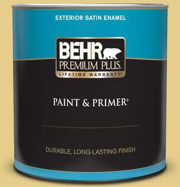 BEHR PREMIUM PLUS 1 qt. #T12-6 Lol Yellow Satin Enamel Exterior Paint & Primer