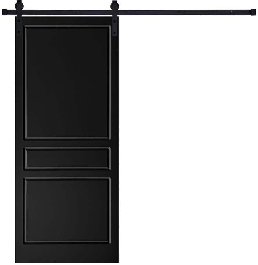 AIOPOP HOME Modern 3-Panel Traditional Designed 96 in. x 30 in. MDF Panel Black Painted Sliding Barn Door with Hardware Kit