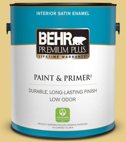 BEHR PREMIUM PLUS 1 gal. #T12-6 Lol Yellow Satin Enamel Low Odor Interior Paint & Primer