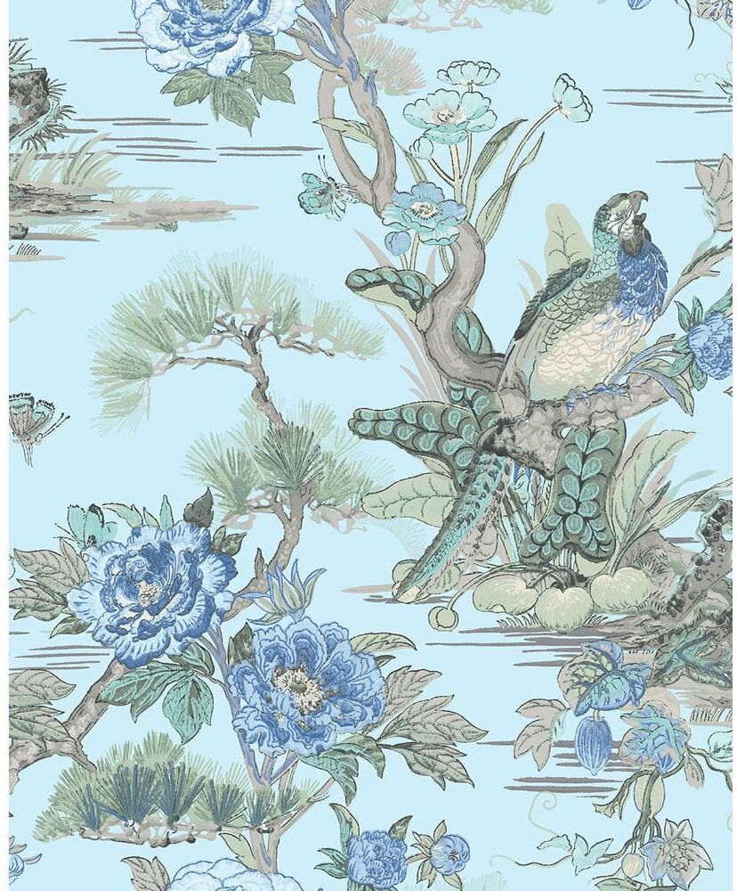 Seabrook Designs 56 sq. ft. Baby Blue & Denim Linden Bird Floral Paper Unpasted Wallpaper Roll