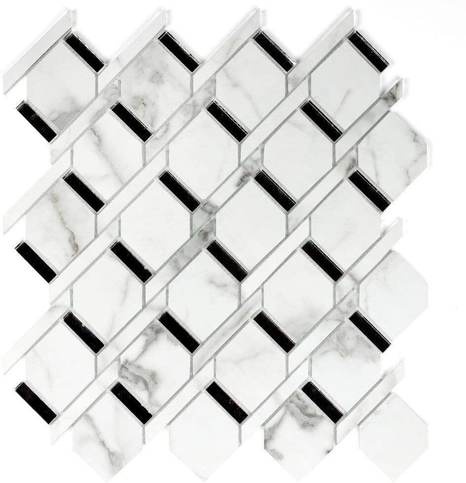 ABOLOS Art Deco Bianco Carrara Mosaic 13.84 in. x 13.85 in. Marble Look Glass Decorative Wall Tile (10 sq. ft./Case)