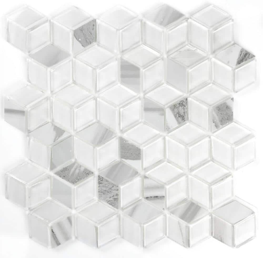 ABOLOS Art Deco Carrara White Diamond Mosaic 2 in. x 2 in. Marble Look Glass Peel and Stick Wall Tile (7 sq. ft./Case)