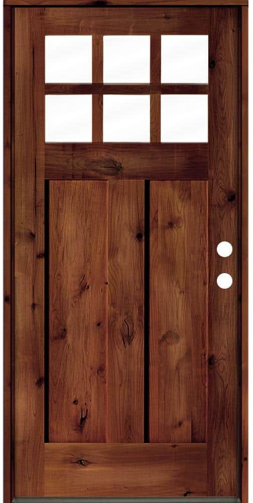 Krosswood Doors 36 in. x 80 in. Craftsman Knotty Alder Clear Low-E 6-Lite Red Chestnut Stain Wood Left Hand Single Prehung Front Door