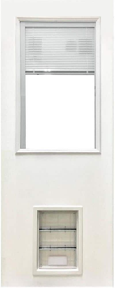 Steves & Sons 31-3/4 in. x 79 in. Reliant Clear Half Lite Mini-Blind White Primed Fiberglass Front Door Slab with Large Pet Door