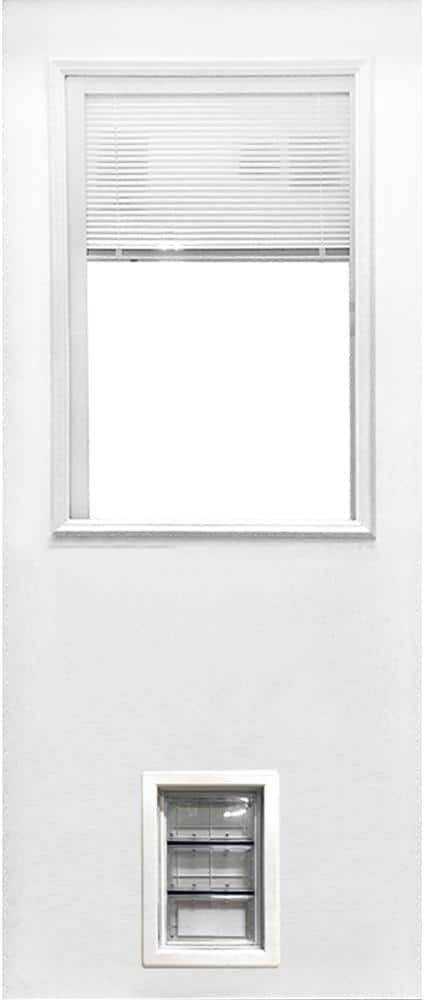 Steves & Sons 31-3/4 in. x 79 in. Reliant Series Clear 1/2-Lite Mini-Blind White Primed Fiberglass Front Door Slab w/ Medium Pet Door