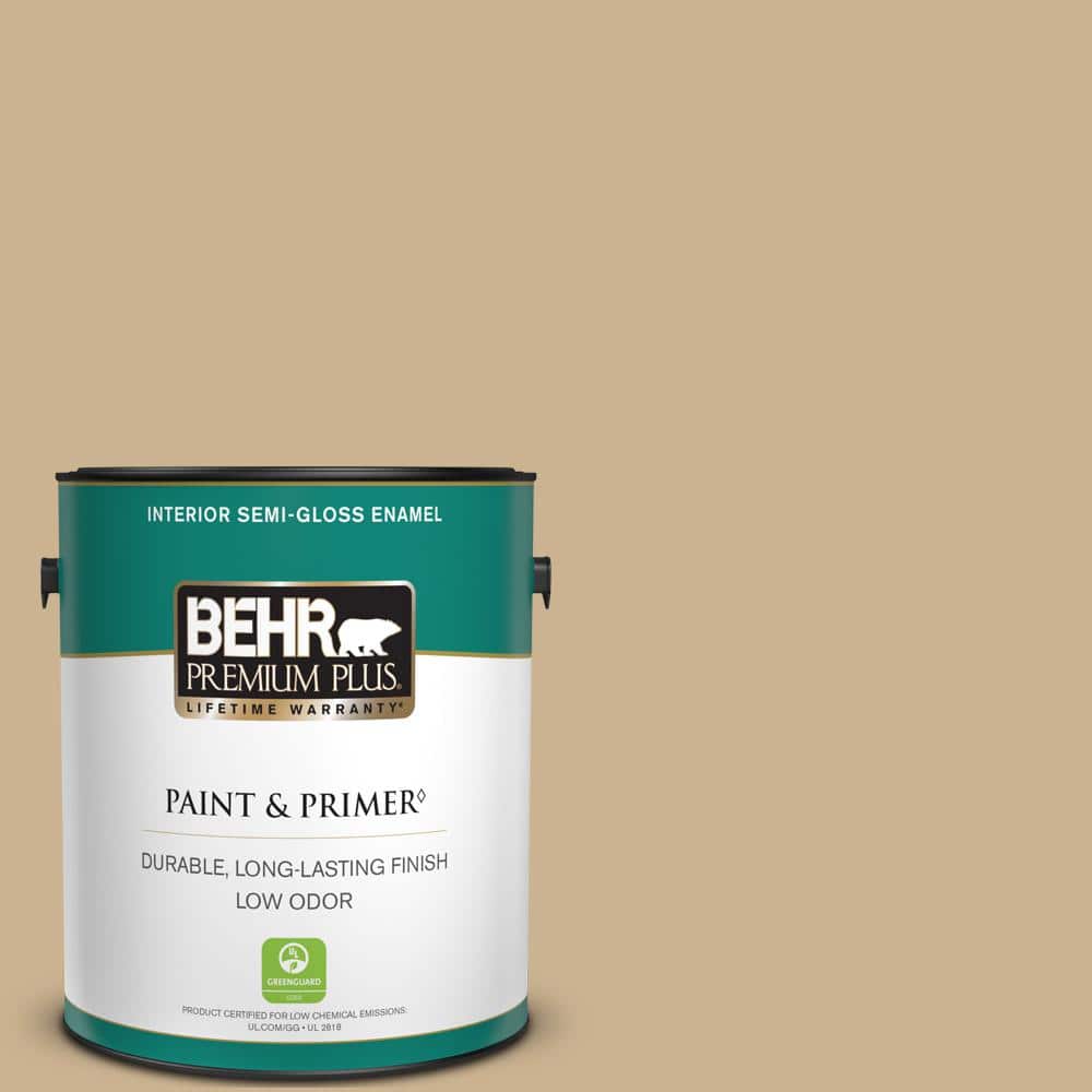 BEHR PREMIUM PLUS 1 gal. #PWL-84 Tropical Tan Semi-Gloss Enamel Low Odor Interior Paint & Primer