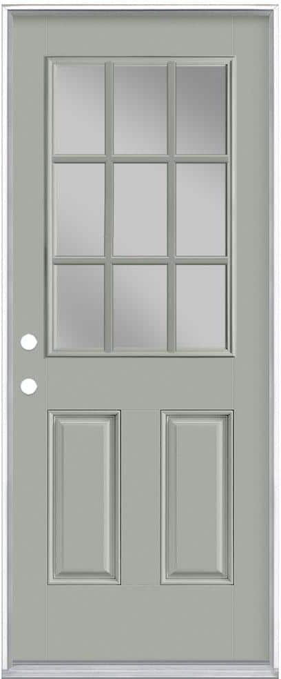 Masonite 36 in. x 80 in. 9 Lite Silver Cloud Right-Hand Inswing Painted Smooth Fiberglass Prehung Front Door with No Brickmold