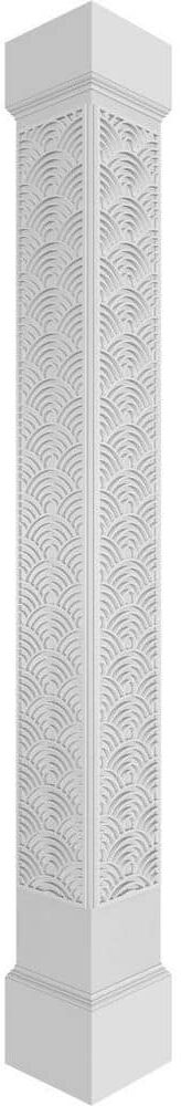 Ekena Millwork 7-5/8 in. x 8 ft. Premium Square Non-Tapered Art Deco Fretwork PVC Column Wrap Kit with Mission Capital and Base