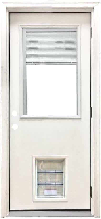 Steves & Sons 32 in. x 80 in. Reliant Series Clear Mini-Blind LHOS White Primed Fiberglass Prehung Back Door with Large Pet Door