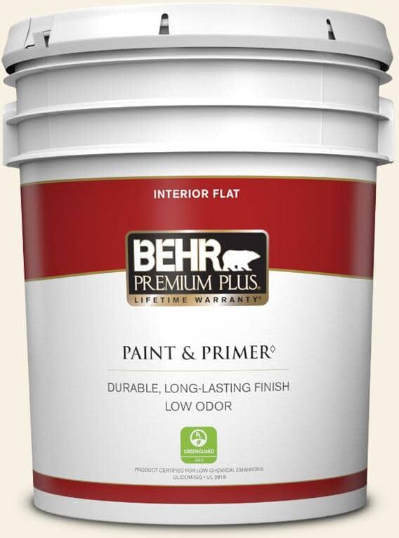 BEHR PREMIUM PLUS 5 gal. #OR-W14 White Veil Flat Low Odor Interior Paint & Primer