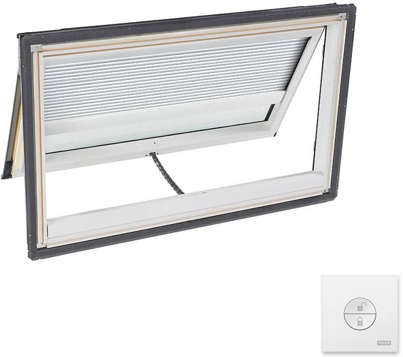 VELUX 44-1/4 in. x 26-7/8 in. Solar Powered Venting Deck Mount Skylight w/ Laminated Low-E3 Glass & White Room Darkening Blind