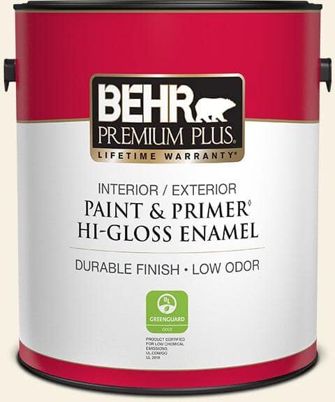 BEHR PREMIUM PLUS 1 gal. #OR-W14 White Veil Hi-Gloss Enamel Interior/Exterior Paint & Primer